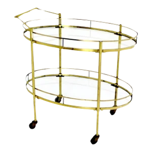 Mid Century Modern Solid Brass Oval Tea Cart Rolling Bar
