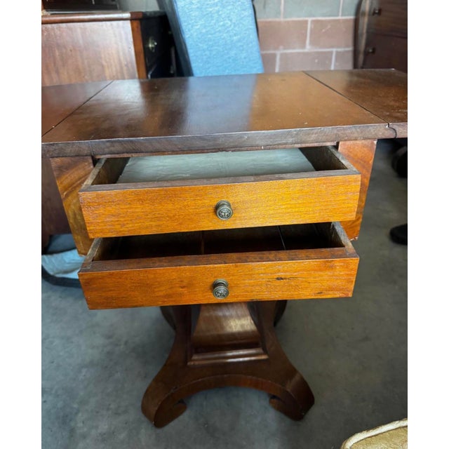 American Empire-Style Drop-Leaf Sewing Table With Two Drawers & Scroll-Foot Pedestal For Sale - Image 3 of 8