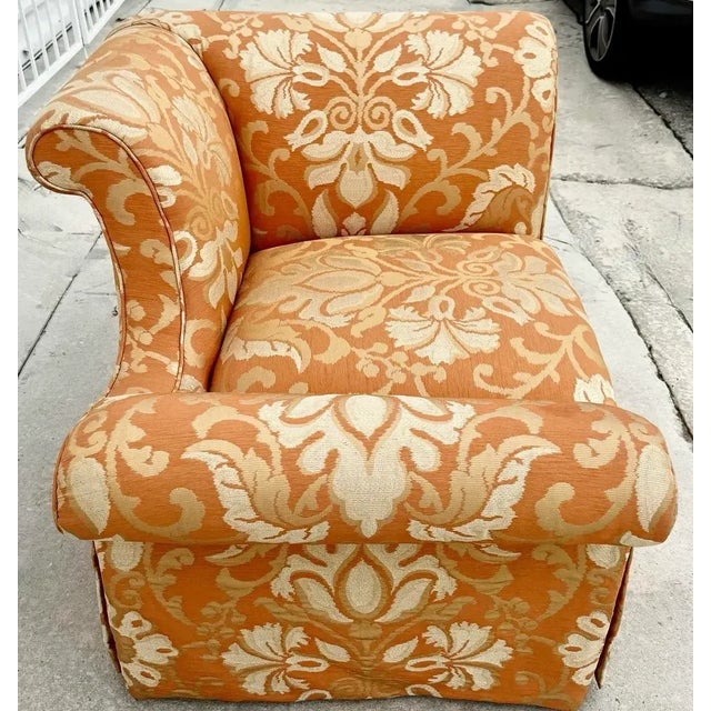 Late 20th century Opposing Pair of Orange Damask Chairs For Sale - Image 4 of 11