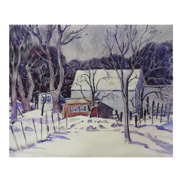 Early 20th Century Snowy Winter Farm Landscape Watercolor Painting For Sale