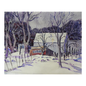 Early 20th Century Snowy Winter Farm Landscape Watercolor Painting