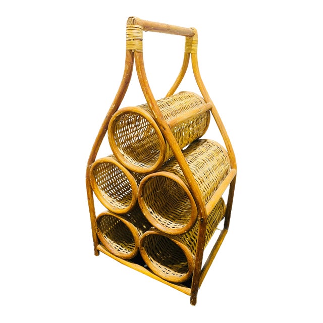1970s Vintage Boho Coastal Wicker Rattan Sculptural Wine Bottle Rack Holder For Sale
