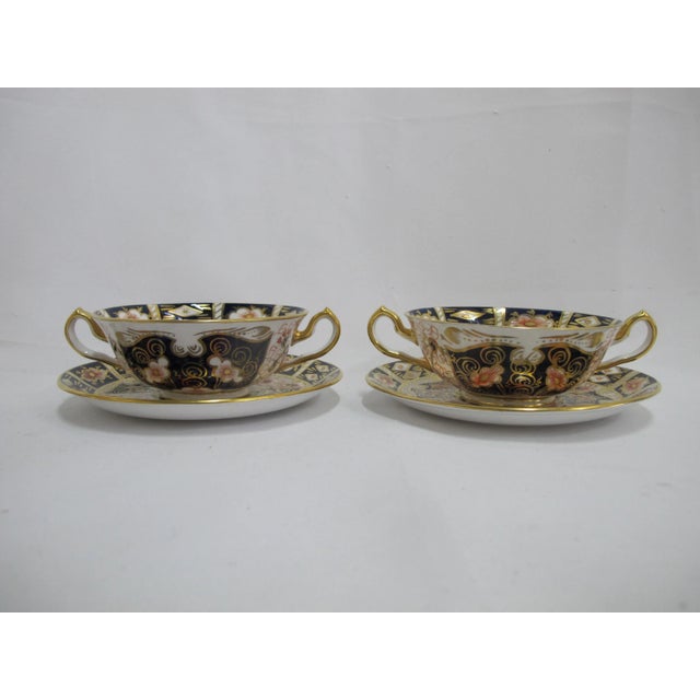 Gorgeous Royal Crown Derby bone china soup or cream bowl with handles and saucer pair (includes 2 bowls and 2 saucers) in...