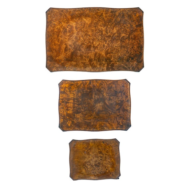 A Beautiful Set of 3, Antique Italian Burl Wood Nesting Tables. Measurements: Small 12"W, 10"D, 20"H Med 17.25"W, 12.25"D,...