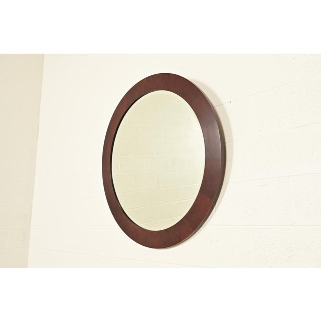 Art Deco Stickley Modern Art Deco Mahogany Framed Round Beveled Wall Mirror For Sale - Image 3 of 9