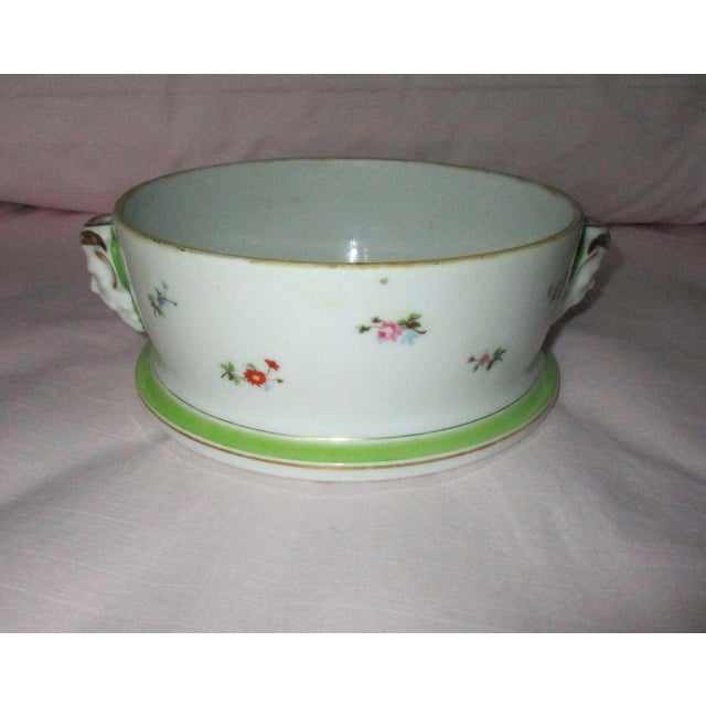 Antique French Porcelain White & Green With Flowers & Pan Face Handles Bowl For Sale - Image 4 of 13