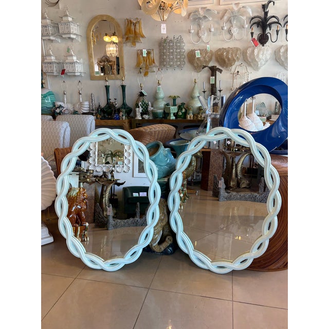 Vintage Pair Light Aqua Lacquered Palm Beach Scalloped Oval Wall Mirrors For Sale - Image 4 of 10