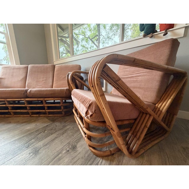 Original 1940s–50s rattan living room set in the iconic square pretzel design made famous by Paul Frankl — stacked multi-...