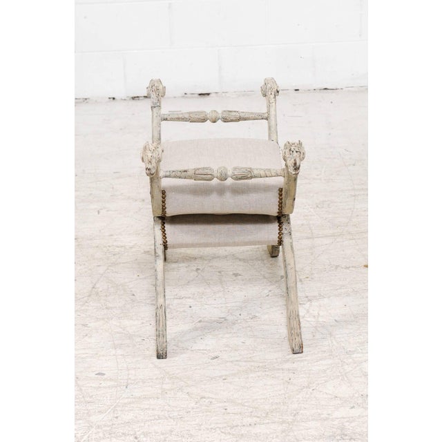 White Italian Midcentury Empire Style Painted and Upholstered Bench with Ram Heads For Sale - Image 8 of 9
