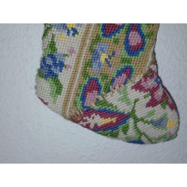 Gorgeous rustic Christmas stocking made from a vintage 1950s needlepoint tapestry. Beautiful abstract flowers. Visible...