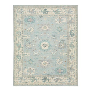 Hand-Knotted Modern Oushak Wool Rug in Soft Sky Blue, Cream & Muted Teal For Sale