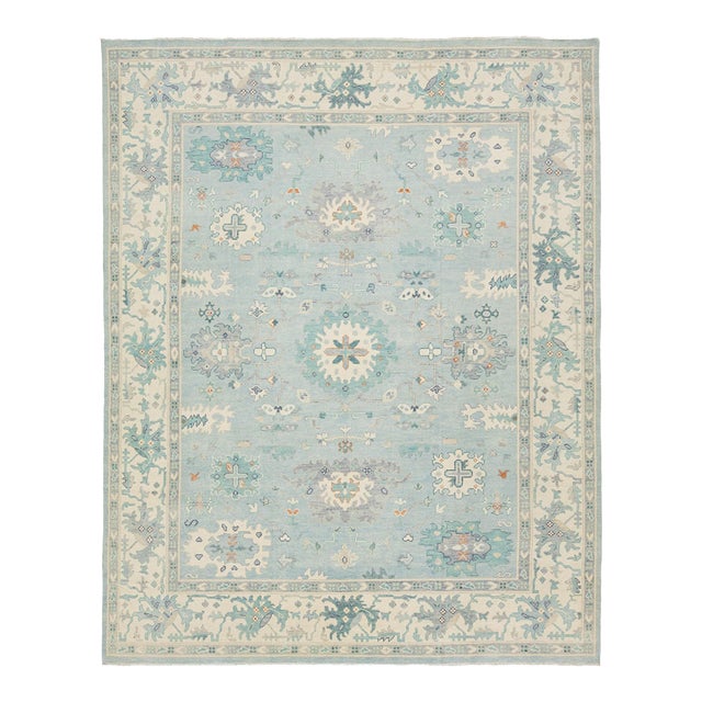 Hand-Knotted Modern Oushak Wool Rug in Soft Sky Blue, Cream & Muted Teal For Sale