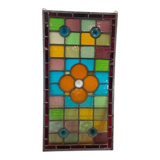 Antique 1880s Stained Glass Window Flower With Jewel Rondels Cathedral Glass For Sale