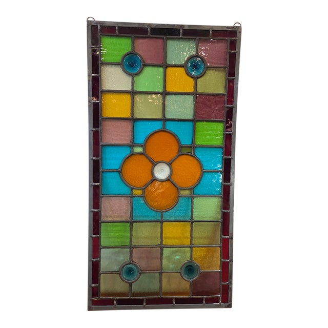 Antique 1880s Stained Glass Window Flower With Jewel Rondels Cathedral Glass For Sale