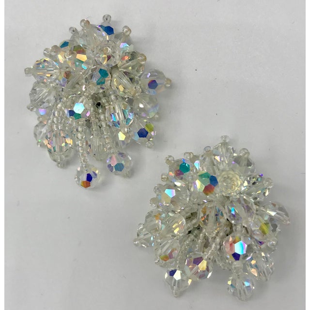 Modern 1960s Lois Ann Signed Aurora Borealis & Seed Bead Burst Cluster Clip Earrings - 2 Pieces For Sale - Image 3 of 10