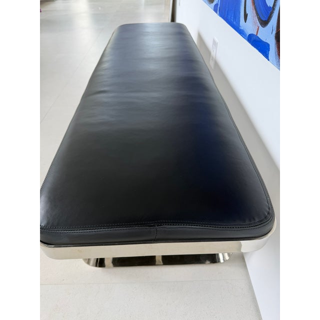 Pace vintage steel and leather bench. Re-upholstered in a dark navy leather. Item is unmarked.