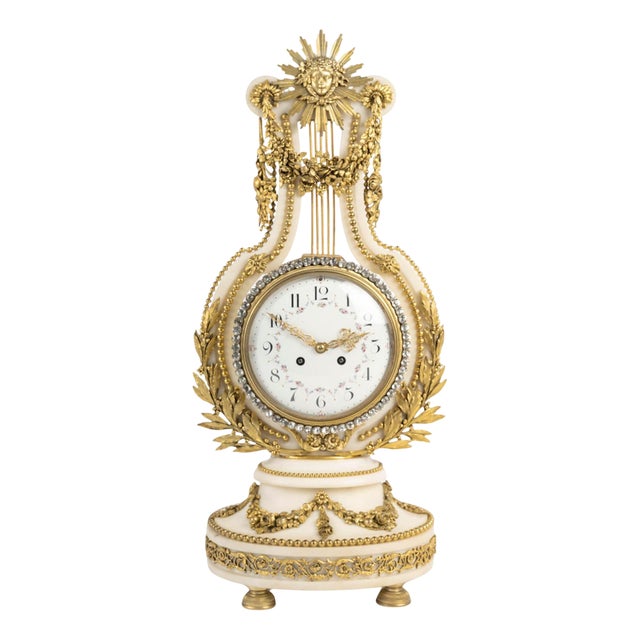 Napoleon III Lyre-Shaped Clock in Marble and Gilt Bronze, 19th Century For Sale