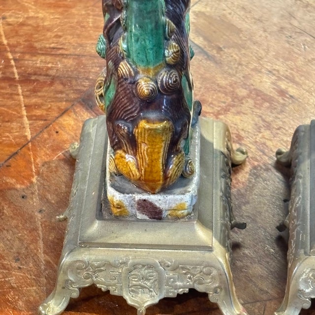 Antique Fo Dog Candleholders in Majolica and Bronze, 1800, Set of 2 For Sale - Image 4 of 15