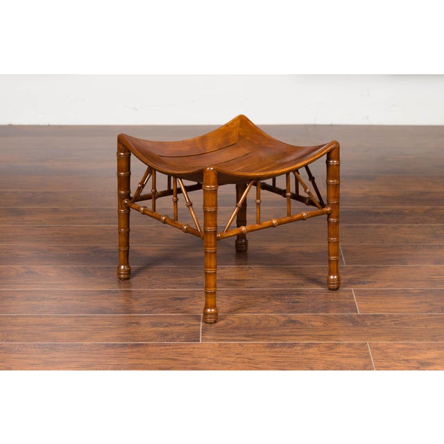 English 1920s Walnut Egyptian Revival Thebes Stool with Faux Bamboo Legs For Sale - Image 4 of 11
