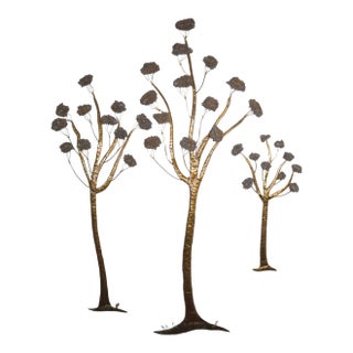 Vintage Brutalist Large Brass Set of 3 Tree Wall Hanging Sculpture Jacqui of California Gold Mid Century Modern Retro 50's 60's For Sale