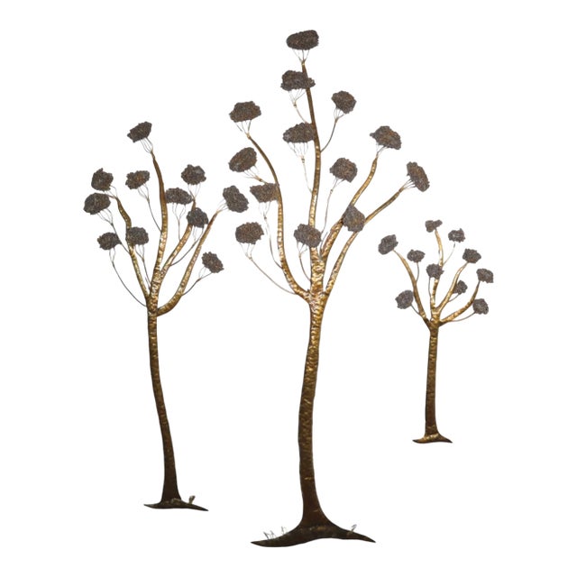 Vintage Brutalist Large Brass Set of 3 Tree Wall Hanging Sculpture Jacqui of California Gold Mid Century Modern Retro 50's 60's For Sale