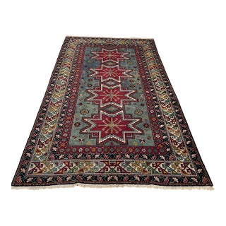 Teal Caucasian Shirvan Lesghi Star Hand-Knotted Wool Rug - 5'3" X 9'6" For Sale