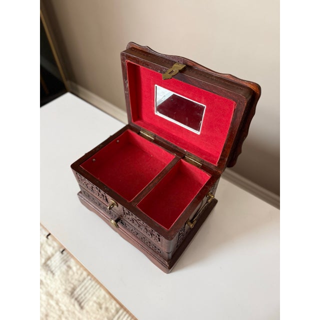 Early 20th Century Vintage Hand Carved Imported Mahogany With Brass Inlay Jewelry Box For Sale - Image 5 of 10