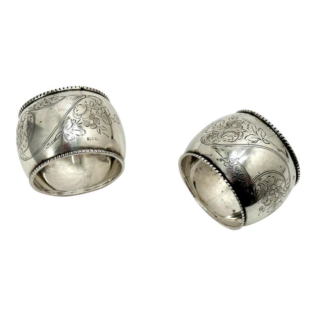 Antique Germany 800 Grade Continental Coin Silver Napkin Rings With Hand Engraved Flowers - a Pair For Sale