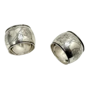Antique Germany 800 Grade Continental Coin Silver Napkin Rings With Hand Engraved Flowers - a Pair