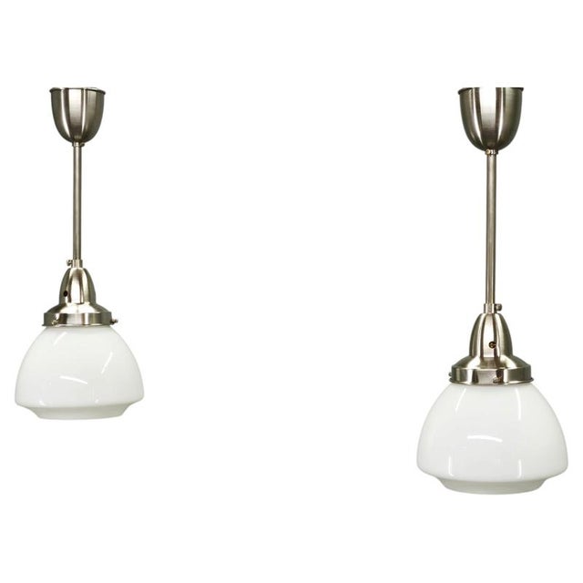 Vintage Czech Art Deco Opaline Glass and Chrome Pendant Lights, 1930s, Set of 2 For Sale - Image 16 of 16