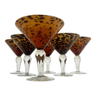 1980s Vintage Amber Tortoise Leopard Spotted Hand Blown Martini Glasses - Set of 6. For Sale