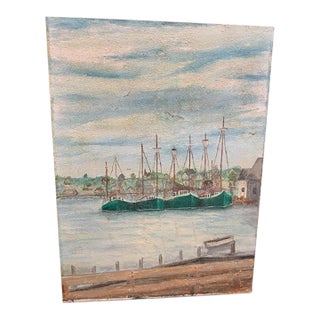 Vintage Folk Art Fishing Fleet Harbor Seascape Oil on Canvas, 18” X 24” For Sale
