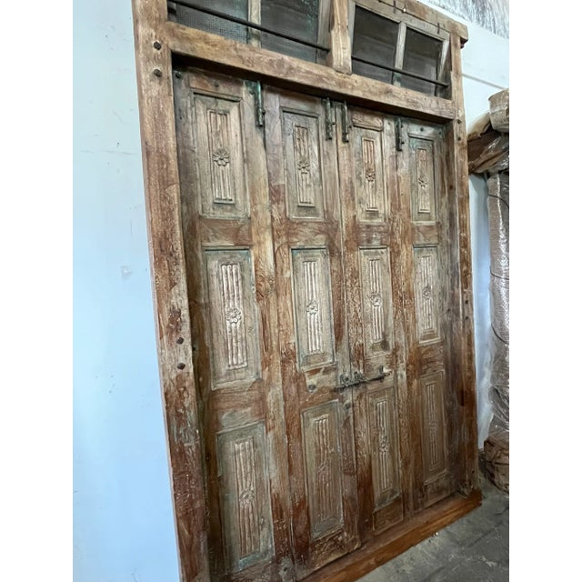 Antique Rustic Carved Exterior Teak Double Hinged Doors, Colonial Plantation Architecture For Sale - Image 12 of 13
