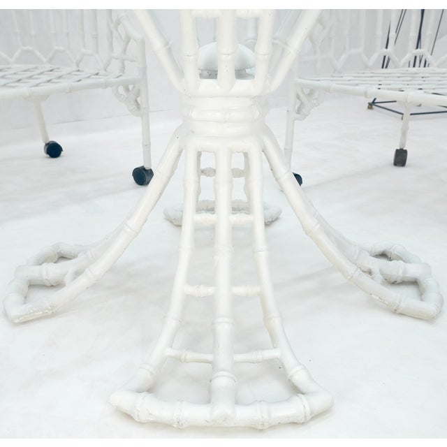White Cast Aluminum Faux Bamboo 4 Arm Chairs 60" 3/4" Glass Top Dining Table Set For Sale - Image 8 of 12