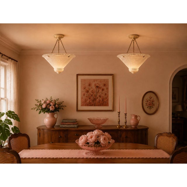 Bring authentic Art Deco character to your home with this beautiful matching pair of vintage opalescent glass pendant...