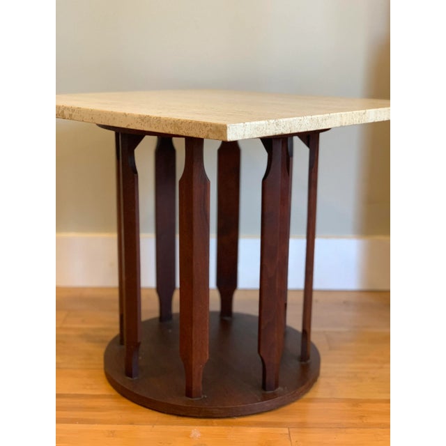 1960s Mid Century Modern Walnut and Travertine Square Table Made by Marden For Sale - Image 5 of 11