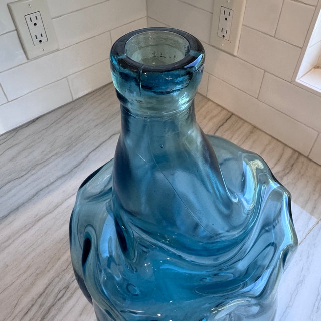 Mid-Century Modern Vintage Sculptural Aqua Blue Glass Demijohn Bottle Large MCM Style Art Glass Vase For Sale - Image 3 of 16