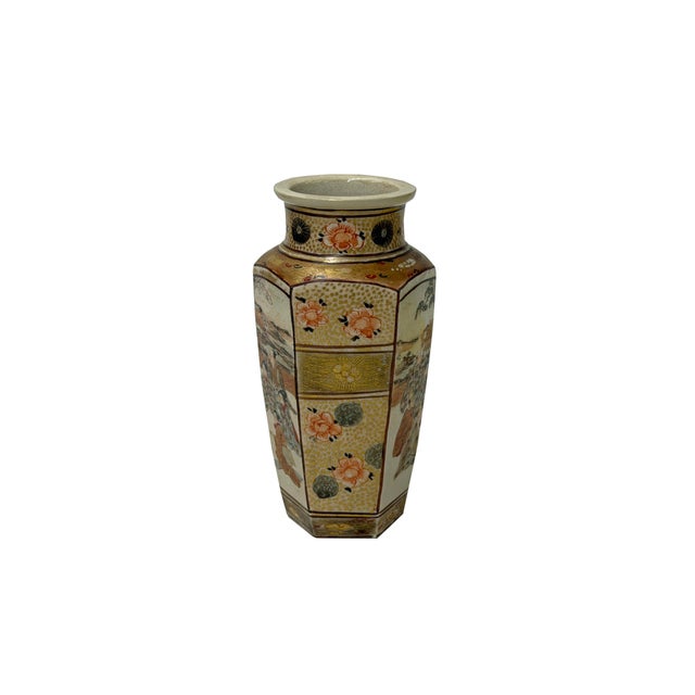 1970s 6" Asian Satsuma Style Hexagonal Figures Painted Porcelain Art Vase For Sale - Image 5 of 12