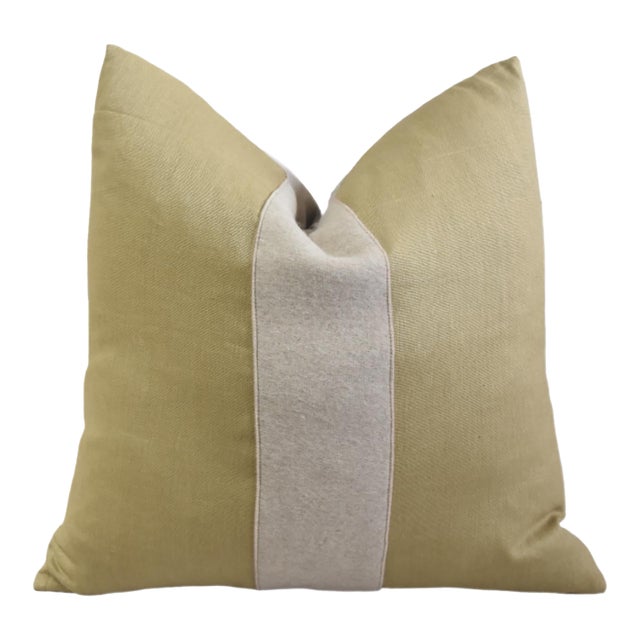 French Gold and Cream Appliqué Stripe Wool & Linen Feather/Down Pillow For Sale