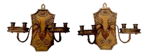 Pair of Folk Art Engraved & Applied Style Four Light Copper Candle Sconces