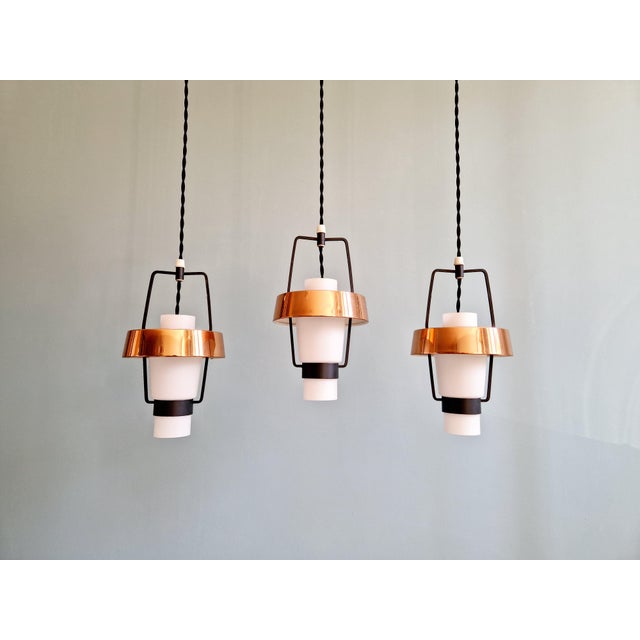 Scandinavian Pendant Lights in White Opaline and Copper Metal, 1960s, Set of 3 For Sale - Image 9 of 18