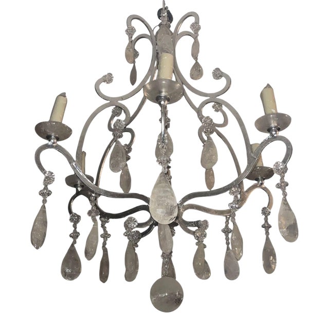 1950's Italian Silvered Wrought Iron and Rock Crystal Chandelier For Sale