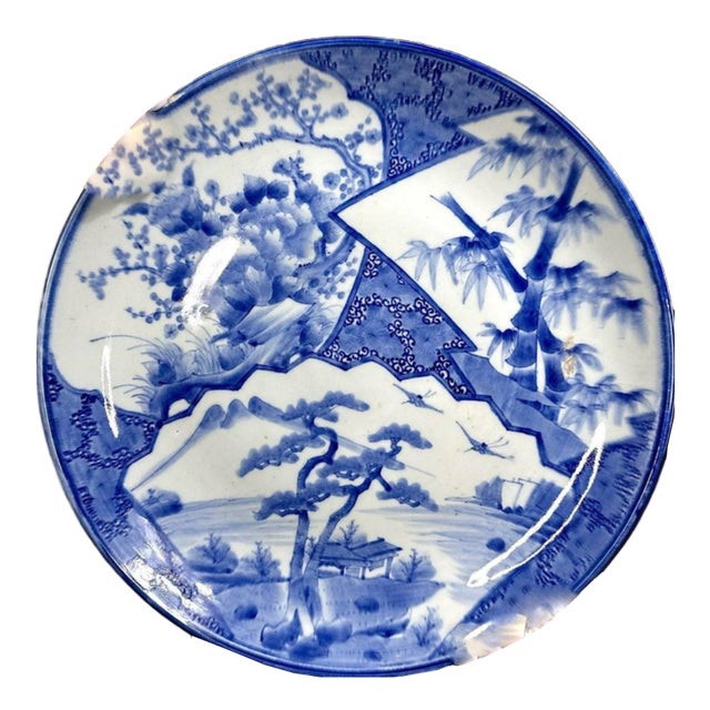 Large Japanese Hand-Painted Blue and White Dish, 19th Century For Sale
