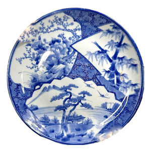 Large Japanese Hand-Painted Blue and White Dish, 19th Century