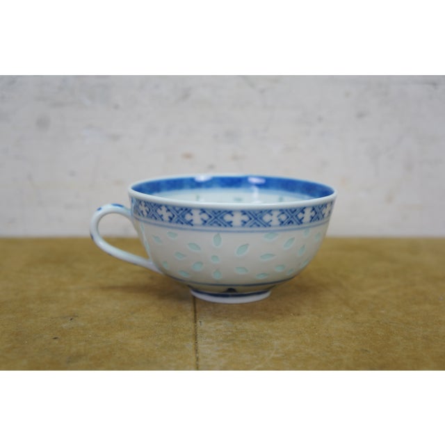 Late 20th Century Vintage Chinese Rice Eye Grain Translucent Blue Porcelain Dinnerware - 10 Pc For Sale - Image 5 of 11