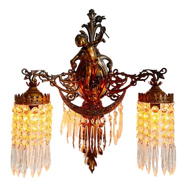 French Cherub Wall Sconce with 2 Arms and Crystals Lampshade For Sale