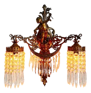 French Cherub Wall Sconce with 2 Arms and Crystals Lampshade
