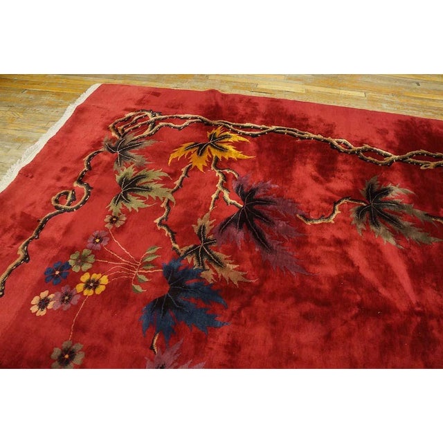 Art Deco Splendid Red Background With Palmtrees in a Floral Design Antique Chinese Art Deco Rug For Sale - Image 3 of 12