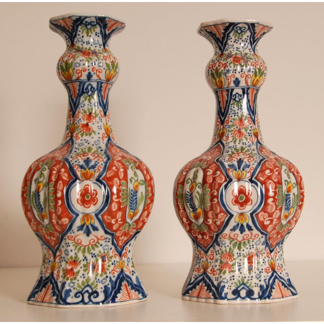 AK Dutch Delftware Delft Vases Polychrome Knob Vases Vintage Delftware Ceramic a Pair For Sale - Image 4 of 13