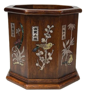 Chinese Brown Natural Patina Mother of Pearl Brush Pen Holder Art